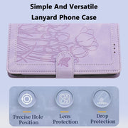 For iPhone 16e Tulips Embossed Leather Phone Case with Lanyard(Purple)