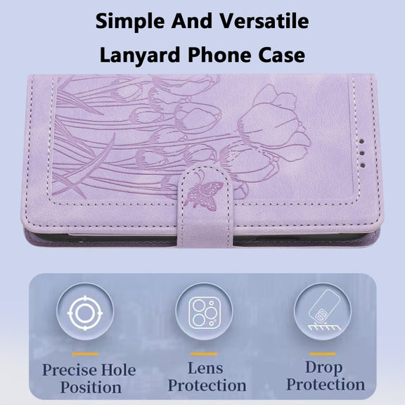 For iPhone 16e Tulips Embossed Leather Phone Case with Lanyard(Purple)