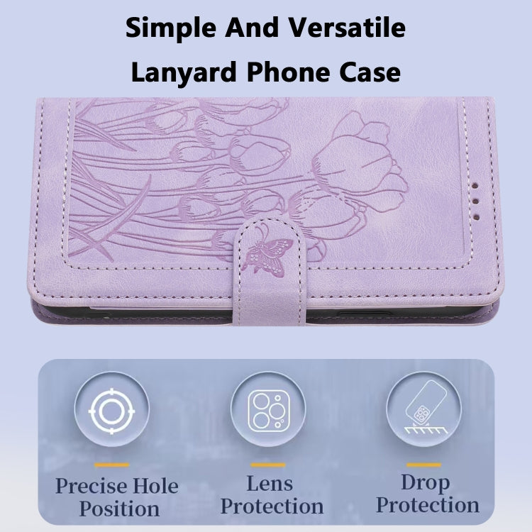 For iPhone 16e Tulips Embossed Leather Phone Case with Lanyard(Purple)