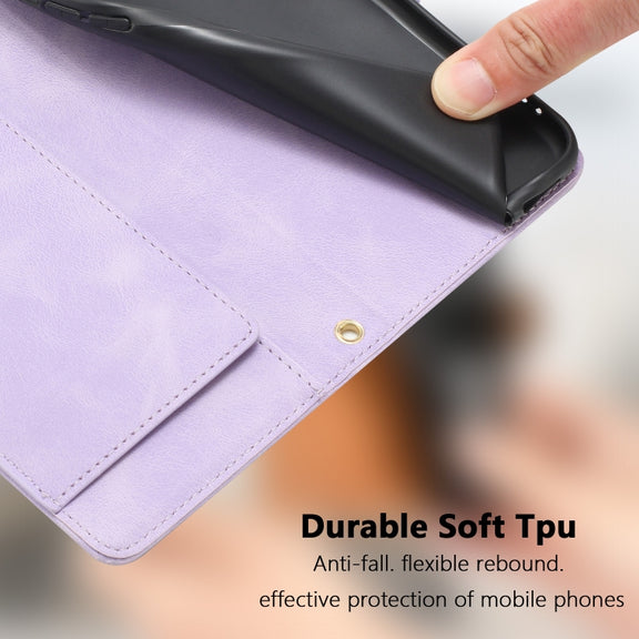 For iPhone 16e Tulips Embossed Leather Phone Case with Lanyard(Purple)