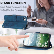 For iPhone 16e Tulips Embossed Leather Phone Case with Lanyard(Blue)