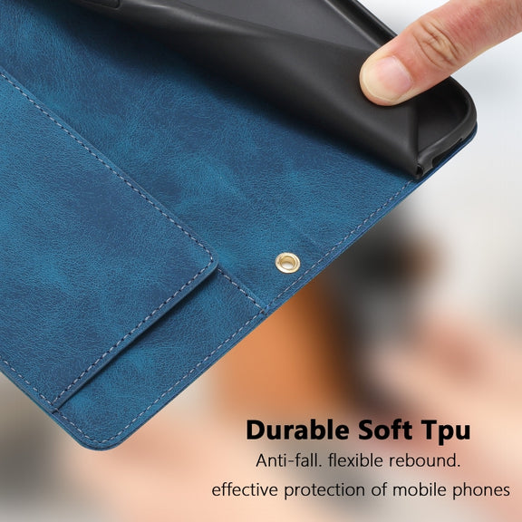 For iPhone 16e Tulips Embossed Leather Phone Case with Lanyard(Blue)