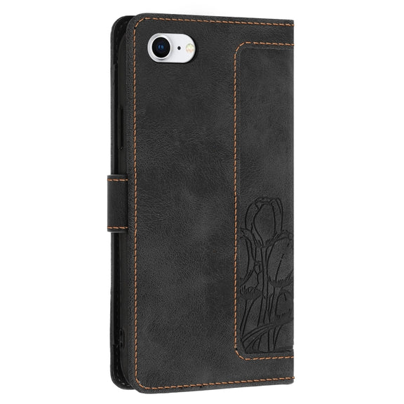 For iPhone 16e Tulips Embossed Leather Phone Case with Lanyard(Black)
