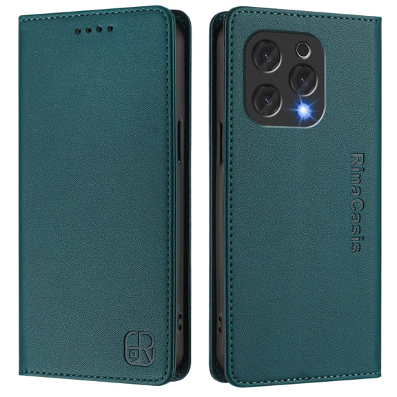 For DOOGEE N55 Plus RC01 Dual-Folded Magnetic Suction RFID Leather Phone Case(Dark Green)