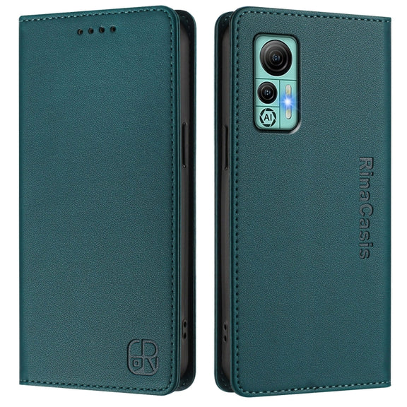 For Ulefone Note 14 RC01 Dual-Folded Magnetic Suction RFID Leather Phone Case(Dark Green)