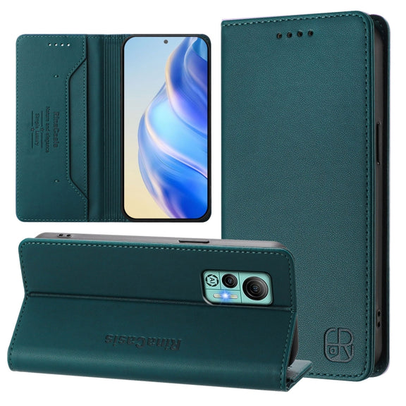 For Ulefone Note 14 RC01 Dual-Folded Magnetic Suction RFID Leather Phone Case(Dark Green)