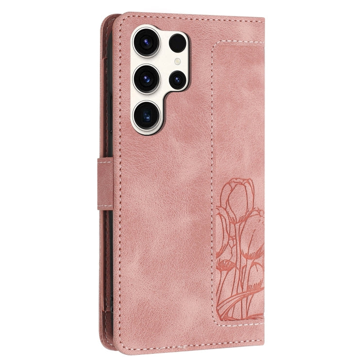 For Samsung Galaxy S25 Ultra 5G Tulips Embossed Leather Phone Case with Lanyard(Pink)