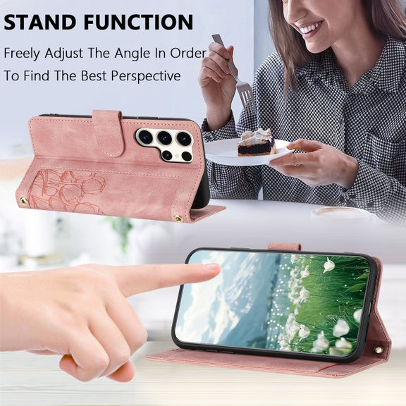 For Samsung Galaxy S25 Ultra 5G Tulips Embossed Leather Phone Case with Lanyard(Pink)