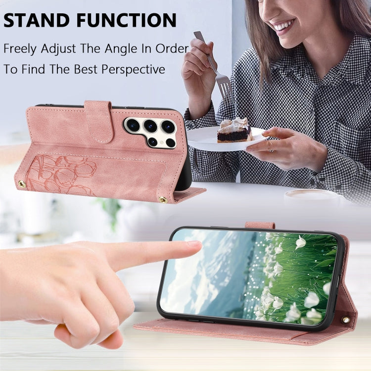 For Samsung Galaxy S25 Ultra 5G Tulips Embossed Leather Phone Case with Lanyard(Pink)