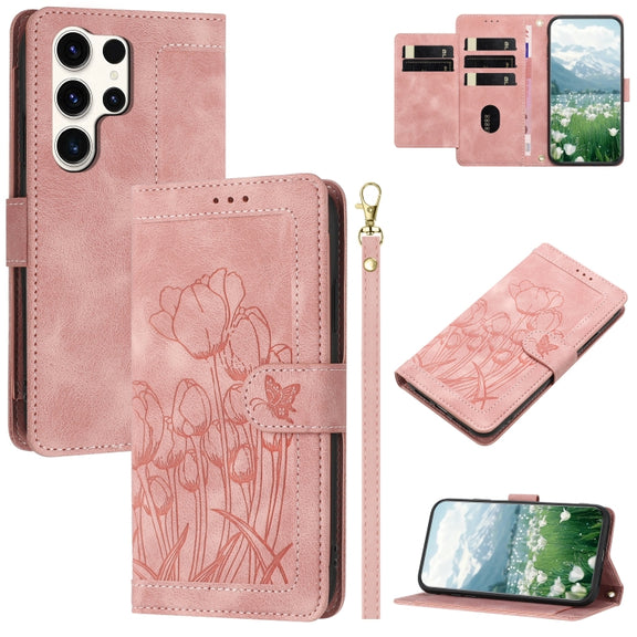 For Samsung Galaxy S25 Ultra 5G Tulips Embossed Leather Phone Case with Lanyard(Pink)