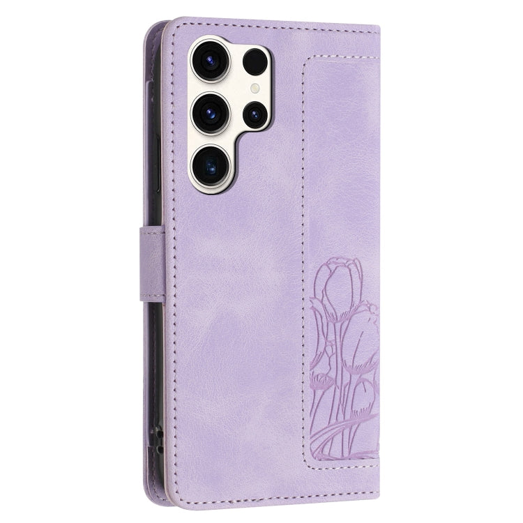 For Samsung Galaxy S25 Ultra 5G Tulips Embossed Leather Phone Case with Lanyard(Purple)