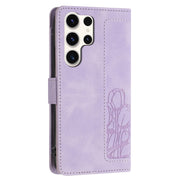 For Samsung Galaxy S25 Ultra 5G Tulips Embossed Leather Phone Case with Lanyard(Purple)