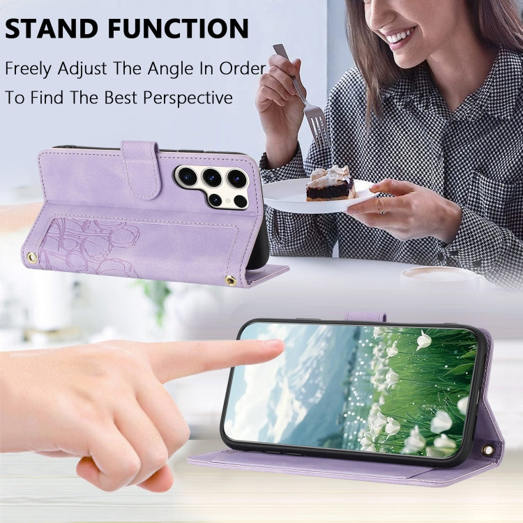 For Samsung Galaxy S25 Ultra 5G Tulips Embossed Leather Phone Case with Lanyard(Purple)