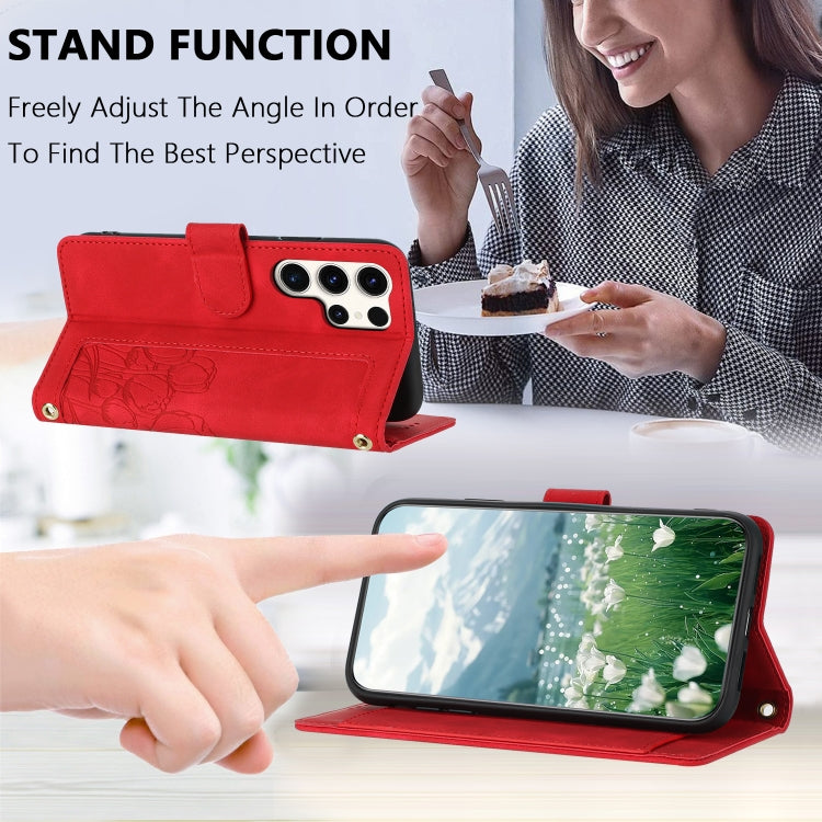 For Samsung Galaxy S25 Ultra 5G Tulips Embossed Leather Phone Case with Lanyard(Red)