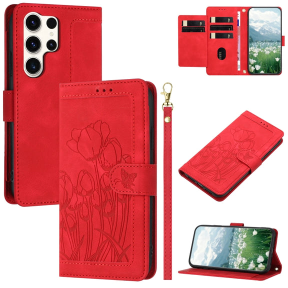 For Samsung Galaxy S25 Ultra 5G Tulips Embossed Leather Phone Case with Lanyard(Red)