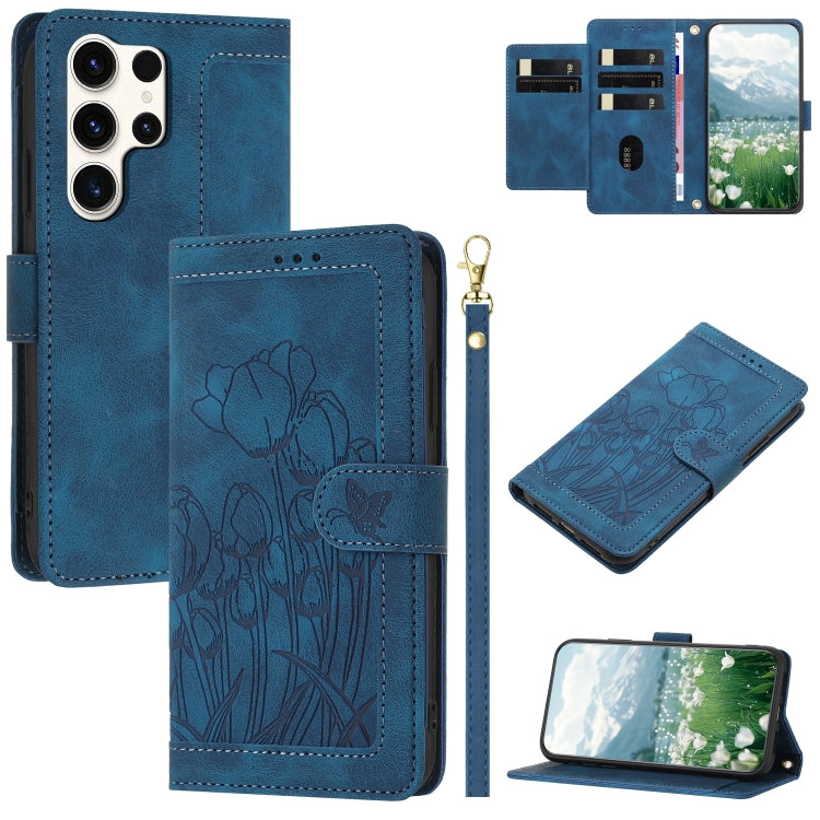 For Samsung Galaxy S25 Ultra 5G Tulips Embossed Leather Phone Case with Lanyard(Blue)