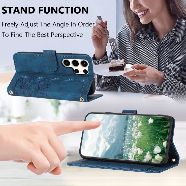 For Samsung Galaxy S25 Ultra 5G Tulips Embossed Leather Phone Case with Lanyard(Blue)