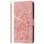 For Samsung Galaxy S25+ 5G Tulips Embossed Leather Phone Case with Lanyard(Pink)