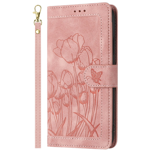 For Samsung Galaxy S25+ 5G Tulips Embossed Leather Phone Case with Lanyard(Pink)