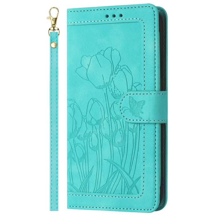 For Samsung Galaxy S25+ 5G Tulips Embossed Leather Phone Case with Lanyard(Green)
