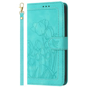 For Samsung Galaxy S25+ 5G Tulips Embossed Leather Phone Case with Lanyard(Green)