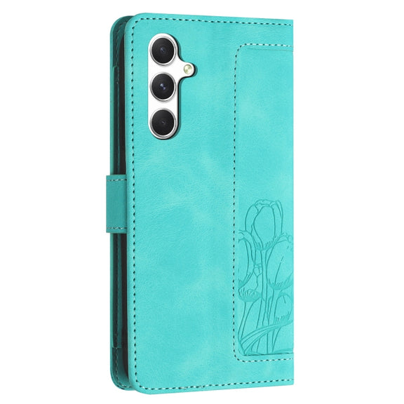 For Samsung Galaxy S25+ 5G Tulips Embossed Leather Phone Case with Lanyard(Green)