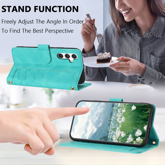For Samsung Galaxy S25+ 5G Tulips Embossed Leather Phone Case with Lanyard(Green)