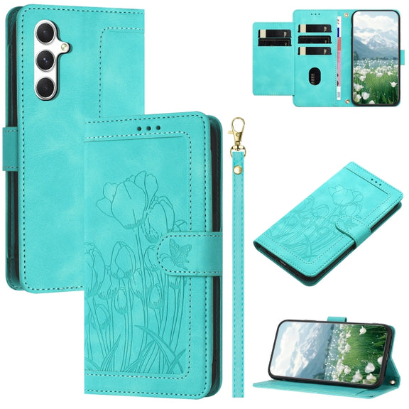 For Samsung Galaxy S25+ 5G Tulips Embossed Leather Phone Case with Lanyard(Green)