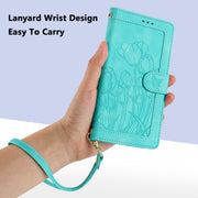 For Samsung Galaxy S25+ 5G Tulips Embossed Leather Phone Case with Lanyard(Green)