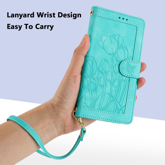 For Samsung Galaxy S25+ 5G Tulips Embossed Leather Phone Case with Lanyard(Green)