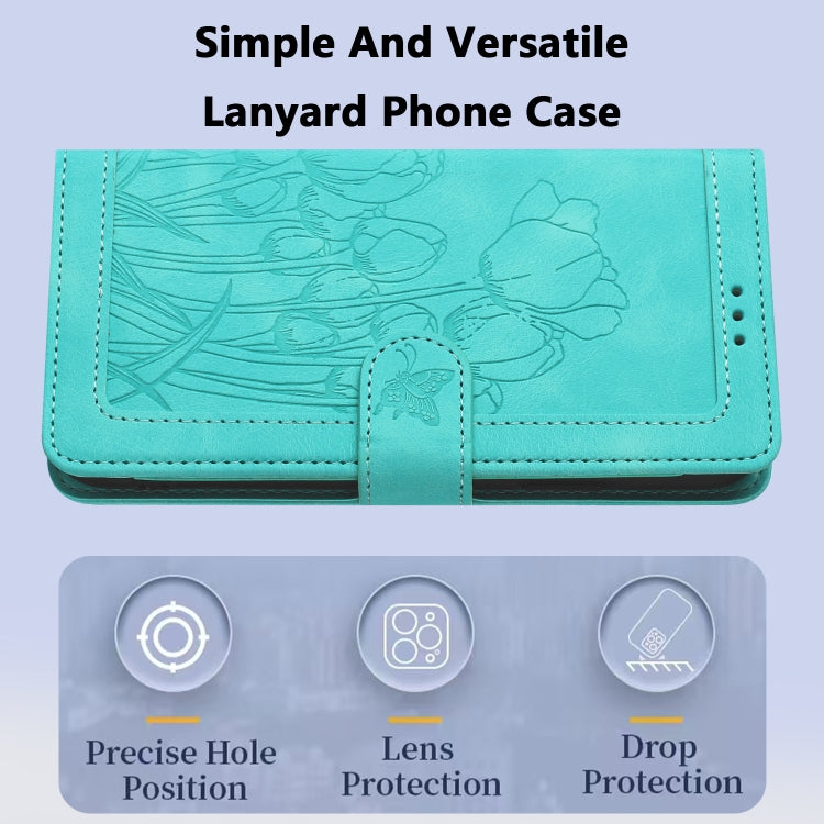For Samsung Galaxy S25+ 5G Tulips Embossed Leather Phone Case with Lanyard(Green)