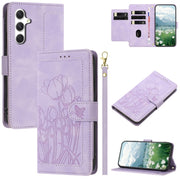 For Samsung Galaxy S25+ 5G Tulips Embossed Leather Phone Case with Lanyard(Purple)