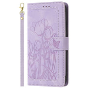 For Samsung Galaxy S25+ 5G Tulips Embossed Leather Phone Case with Lanyard(Purple)