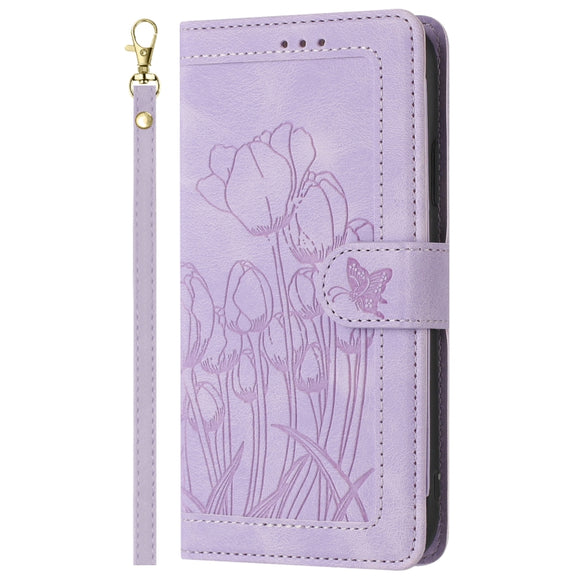 For Samsung Galaxy S25+ 5G Tulips Embossed Leather Phone Case with Lanyard(Purple)