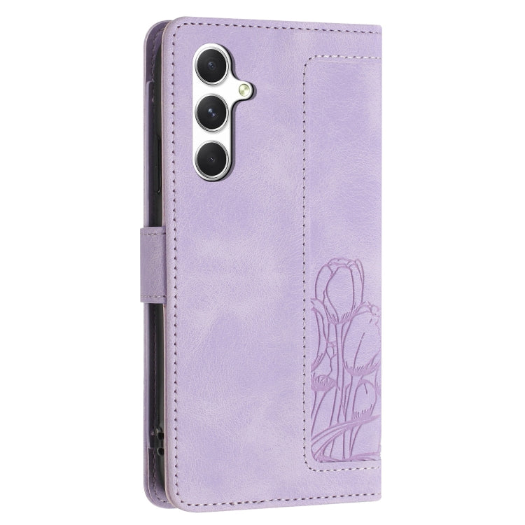 For Samsung Galaxy S25+ 5G Tulips Embossed Leather Phone Case with Lanyard(Purple)