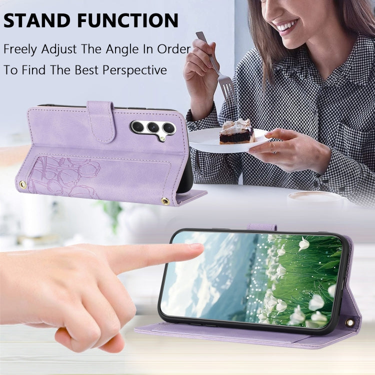 For Samsung Galaxy S25+ 5G Tulips Embossed Leather Phone Case with Lanyard(Purple)