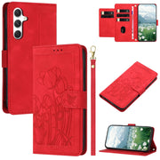 For Samsung Galaxy S25+ 5G Tulips Embossed Leather Phone Case with Lanyard(Red)
