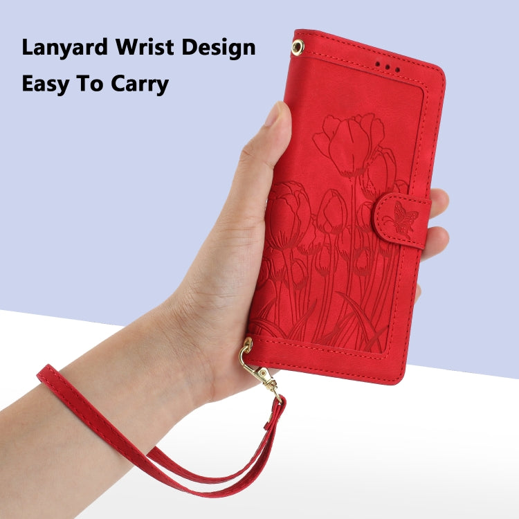 For Samsung Galaxy S25+ 5G Tulips Embossed Leather Phone Case with Lanyard(Red)