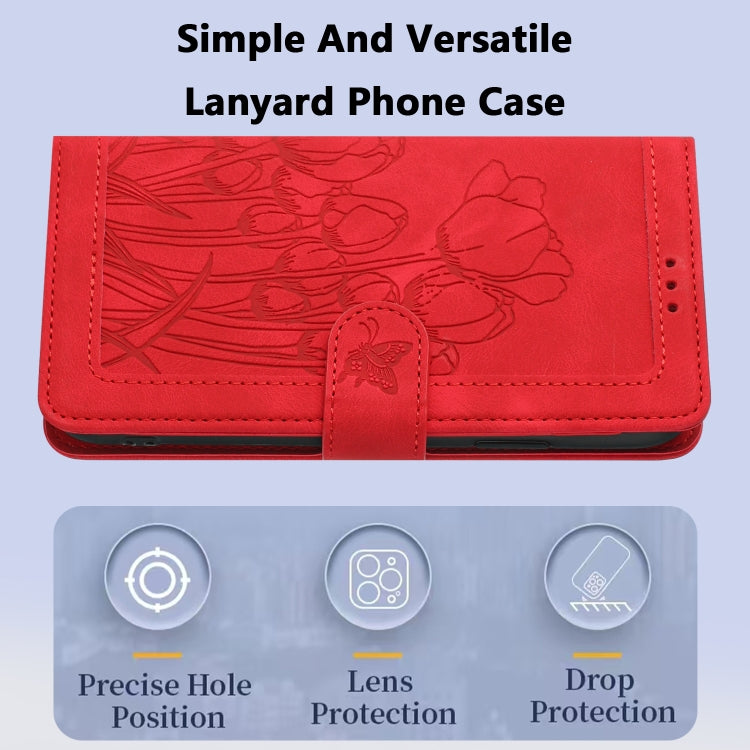 For Samsung Galaxy S25+ 5G Tulips Embossed Leather Phone Case with Lanyard(Red)