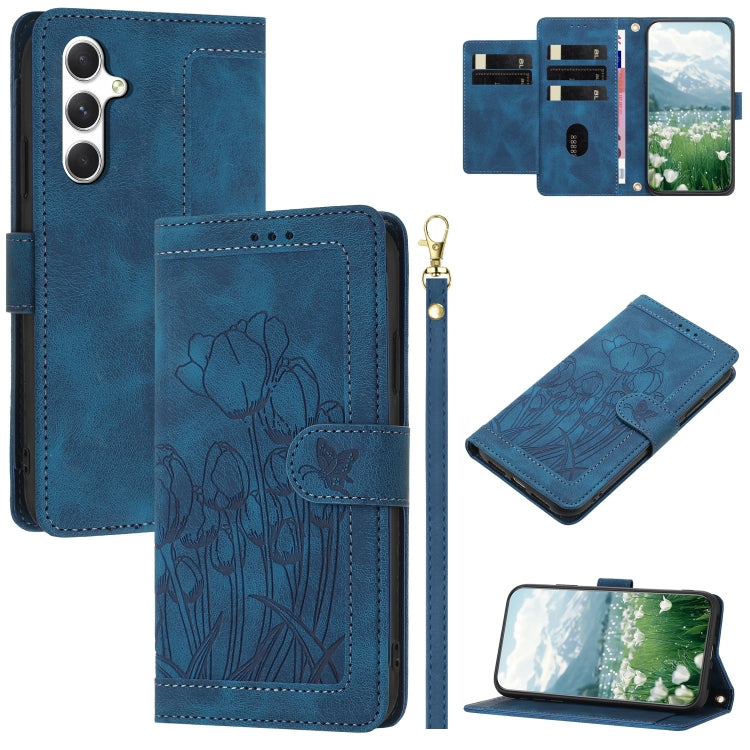 For Samsung Galaxy S25+ 5G Tulips Embossed Leather Phone Case with Lanyard(Blue)