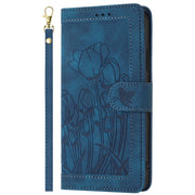 For Samsung Galaxy S25+ 5G Tulips Embossed Leather Phone Case with Lanyard(Blue)