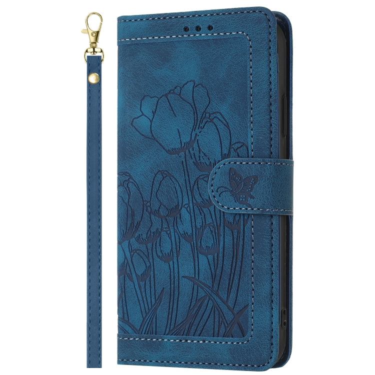 For Samsung Galaxy S25+ 5G Tulips Embossed Leather Phone Case with Lanyard(Blue)
