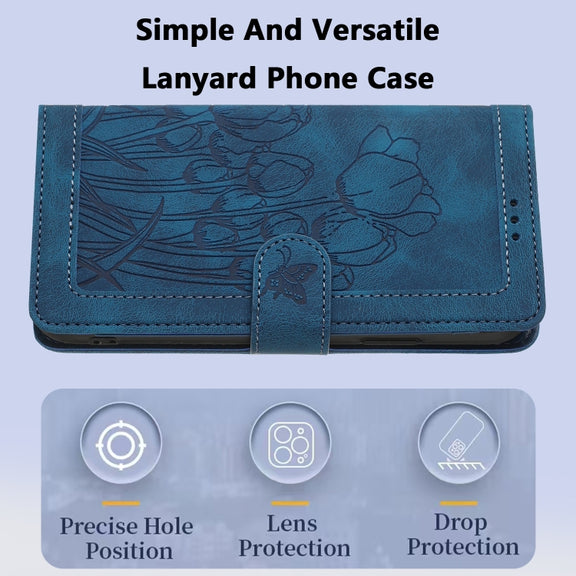 For Samsung Galaxy S25+ 5G Tulips Embossed Leather Phone Case with Lanyard(Blue)