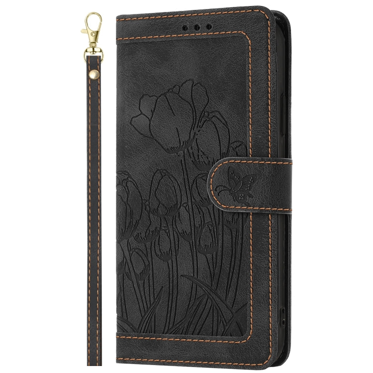 For Samsung Galaxy S25+ 5G Tulips Embossed Leather Phone Case with Lanyard(Black)