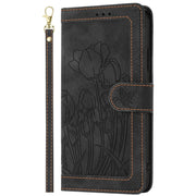 For Samsung Galaxy S25+ 5G Tulips Embossed Leather Phone Case with Lanyard(Black)