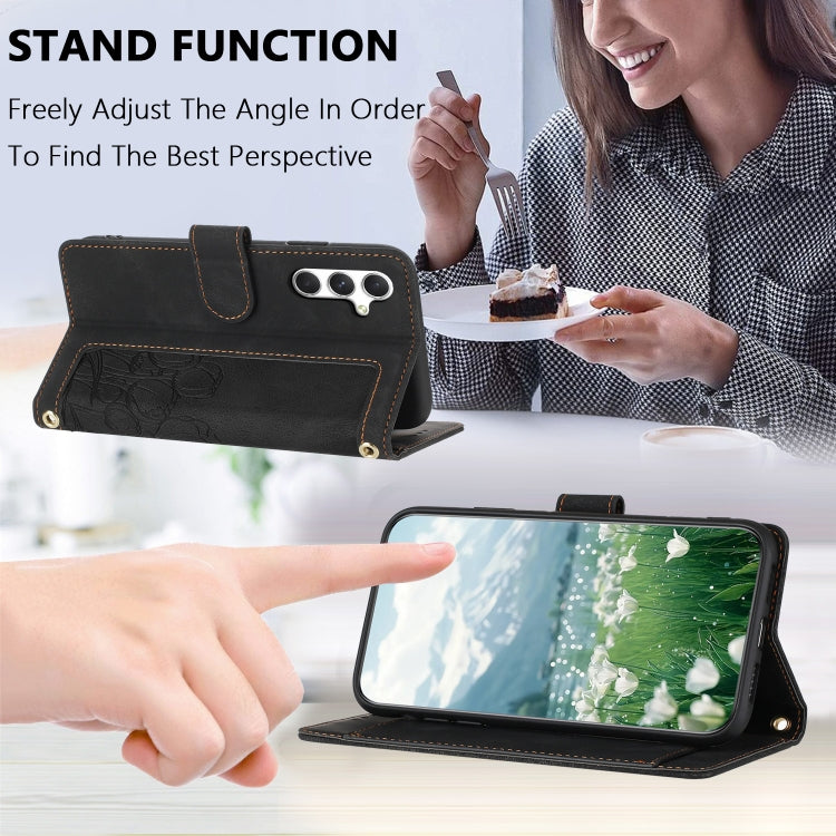 For Samsung Galaxy S25+ 5G Tulips Embossed Leather Phone Case with Lanyard(Black)