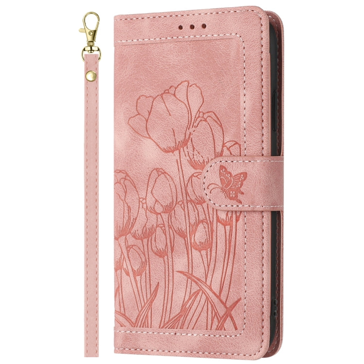 For Samsung Galaxy S25 5G Tulips Embossed Leather Phone Case with Lanyard(Pink)