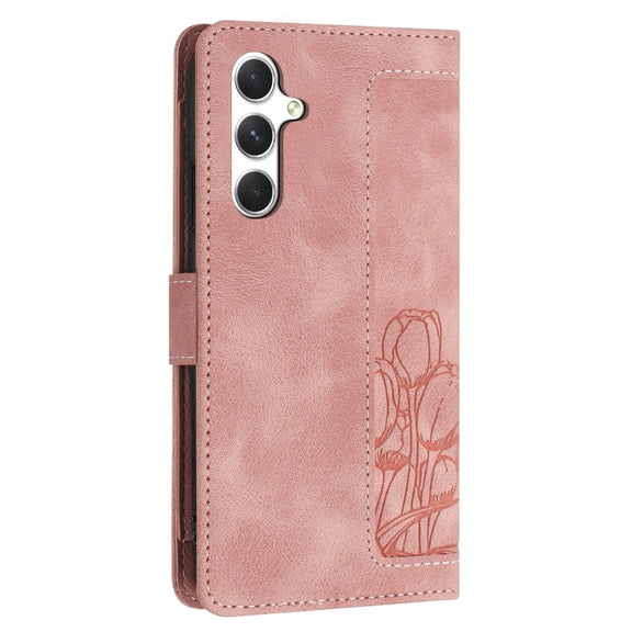 For Samsung Galaxy S25 5G Tulips Embossed Leather Phone Case with Lanyard(Pink)