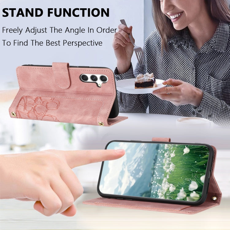 For Samsung Galaxy S25 5G Tulips Embossed Leather Phone Case with Lanyard(Pink)