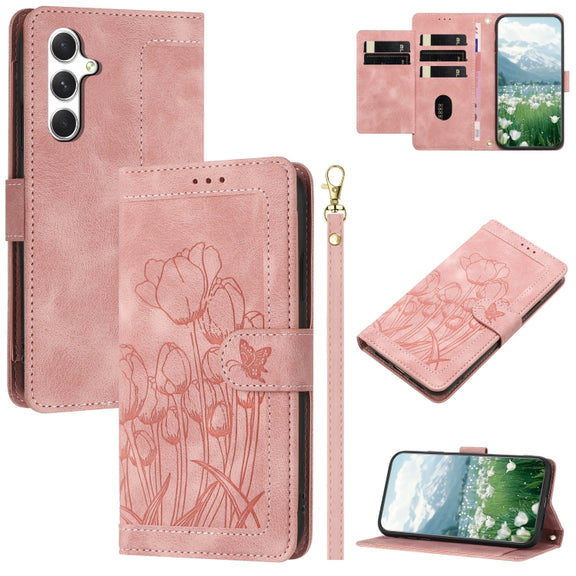 For Samsung Galaxy S25 5G Tulips Embossed Leather Phone Case with Lanyard(Pink)